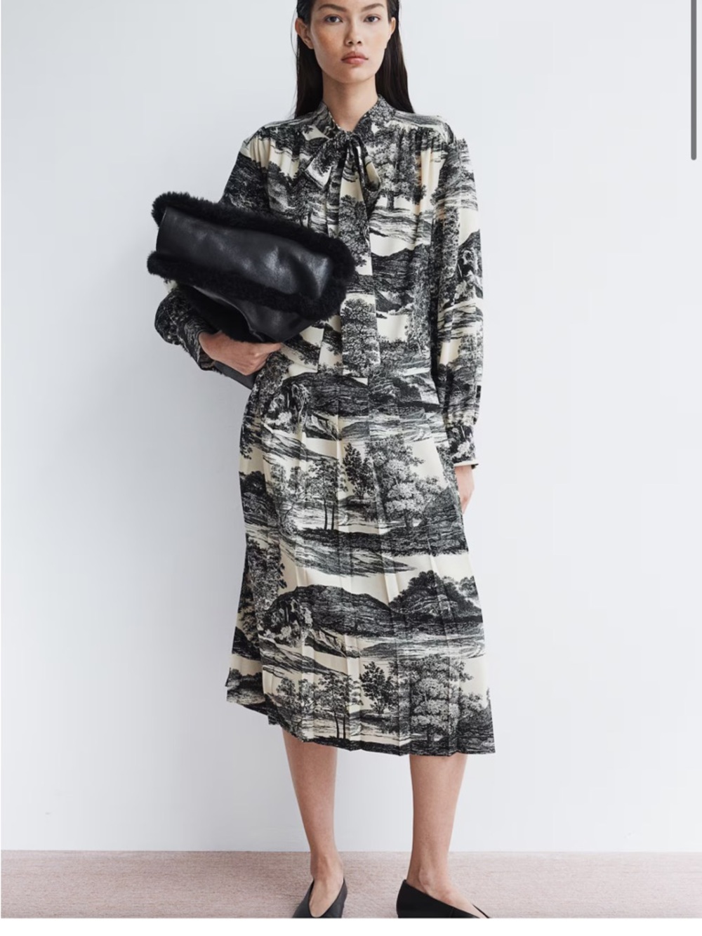 H&M Black and Cream Scenic Print Tie-Neck Midi Dress